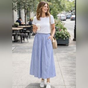 Talbots Blue & White Striped Maxi Skirt XL Cotton High Waist Pockets